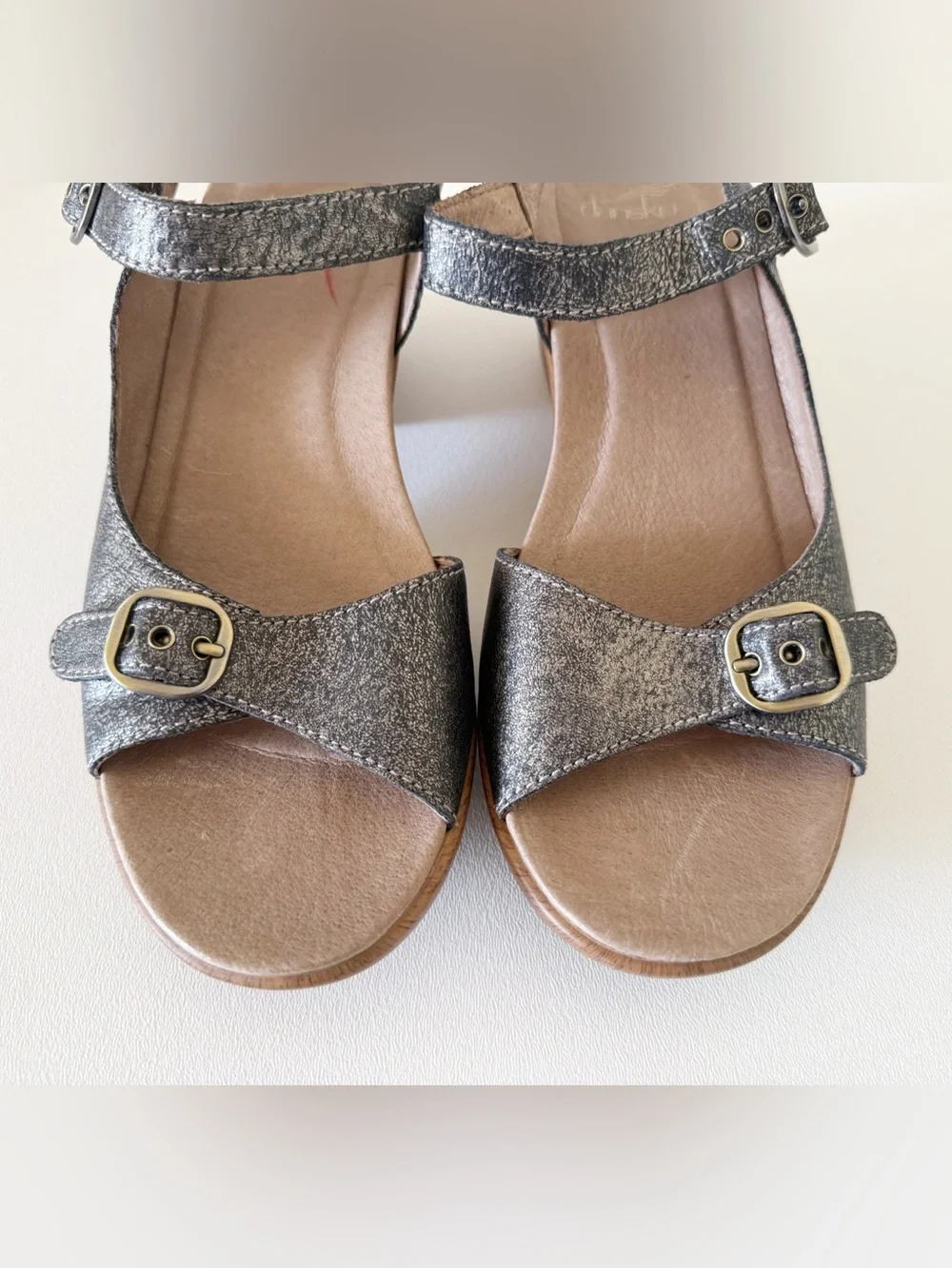 Dansko Shoes Clogs Metallic Gray Slingback Sandal with Wood-Look Wedge 10